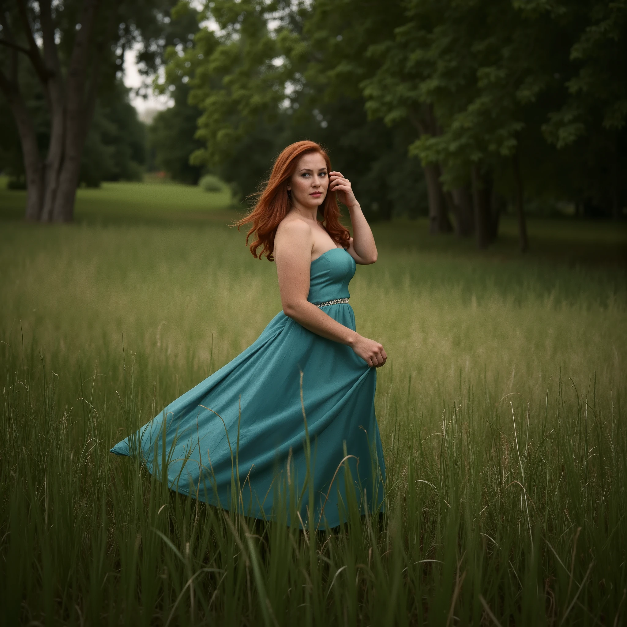 Create a hyper-realistic professional photograph of an 18-year-old woman with a curvy yet elegant physique, fair skin, and long, flowing red hair. She is wearing a stunning, floor-length satin gown in a rich teal-blue shade with thin straps and a subtle neckline, draping gracefully with delicate folds and a soft shimmer that catches the light. She stands in a lush, green meadow surrounded by tall grass and dense trees, evoking a serene and ethereal atmosphere. One hand brushes through her hair, while the other holds a detail of her dress. Her expression is calm and confident with a slight smile. The background consists of blurred greenery, creating a dreamy depth of field that draws focus to her. Soft, diffused lighting casts a gentle glow on her skin, accentuating the satin fabric. The rich teal gown contrasts beautifully with the vibrant greens of nature. The overall aesthetic blends elegance with the raw beauty of nature, with a cinematic and artistic feel. The photograph is captured on 35mm film, giving it a timeless, nostalgic quality with slightly muted colors, warm undertones, and soft grain textures. Highlights are gently blown out, creating a dreamy glow, while shadows are rich and slightly faded, framed by a subtle vignette. The gown's teal hue takes on a desaturated, retro look in harmony with the meadow's earthy greens. Faint light leaks and subtle imperfections, like hints of dust or light scratches, add to the authentic analog aesthetic, blending hyper-realism with vintage charm.