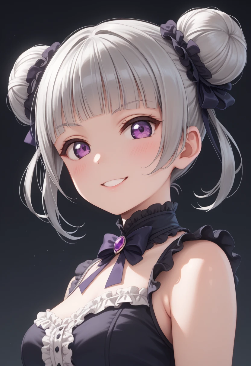 ((TOP QUALITY)), (( masterpiece)), (exhaustive), Love Live style girl, Alone,
((silver hair)), ((purple eyes)), ((((two low ball like buns)))), short blunt bangs, side bangs , (small bust), Petite,((gothic lolita)), stylish pose, arched back, fingersmile, looking at viewer