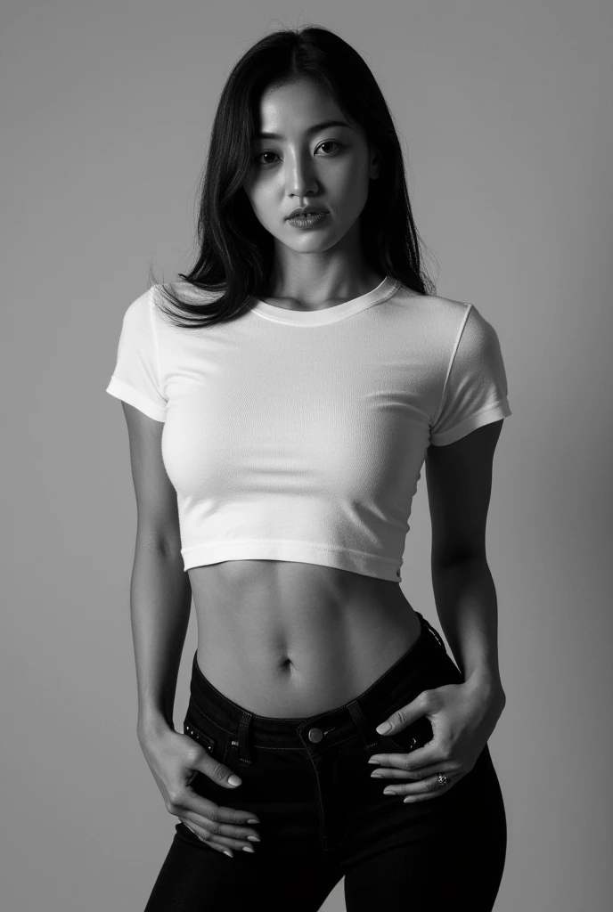 "A striking erotic , ultra sexualized black and white portrait photo of an exceptionally tall and imposing woman incredibly fit woman zyo , Park Jihyo a K-pop Idol, with a sculpted, muscular physique. She stands with super broad shoulders and a defined, statuesque frame, exuding power and elegance. Her face is structured with sharp jawlines, high cheekbones, and an intense, piercing gaze. Her full lips are slightly parted, and her eyes hold a captivating, enigmatic expression. Her wet, slicked-back hair frames her symmetrical facial features, emphasizing the contrast between light and shadow. Her toned arms and chiseled abdominal muscles are subtly flexed as she lifts her fitted, cropped white t-shirt, revealing a sculpted midsection. Her athletic build, strong obliques, and prominent collarbones add to the visual intensity of the shot. The smooth skin texture is accentuated by soft yet directional lighting that highlights every muscle contour and anatomical detail. The monochrome color palette enhances the dramatic effect, bringing out the contrast between her body and the dark, blurred lower section of the frame. The minimalist background keeps the focus entirely on her powerful presence. The photograph is a fine art-style editorial shot, evoking themes of strength, confidence, and raw femininity, where the interplay of light and shadow sculpts her form into a masterpiece of fitness and grace."
