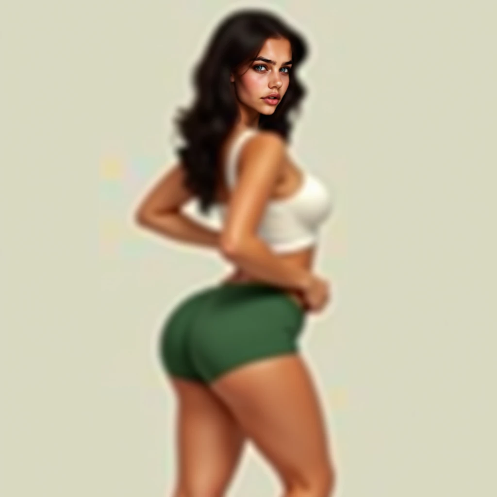 Sweaty and wet, beautiful and sexy brunette with long hair, wearing a short tight silk microskirt and open white heels, green eyes, pronounced buttocks, hyper-realistic, curvy thighs, legs in wide stance, symmetrical face, photo shoot, realism , seductive, highly detailed, 4k, hyper-realistic, defined body, defined thighs, short skirt revealing the beautiful ass, real tones, sharp focus, looks like a photograph,