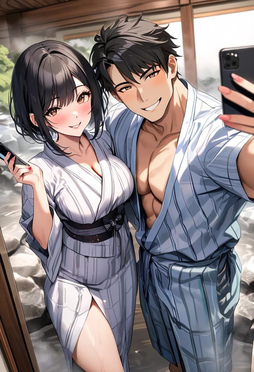 op quality, masterpiece, high definition, 8k, (1 girl 1 boy ), , (cowboy shot), (((Cell phone selfies))), (((Smiling couple))), Beautiful , beautiful feet, (Hakone Hot Springs), , ((( black hair short hair))), (((Hot springs and which yukata))), watch viewers with gentle eyes, Warm Saggy Eyes, , kind smile , toro face, An intimate couple wearing matching yukata