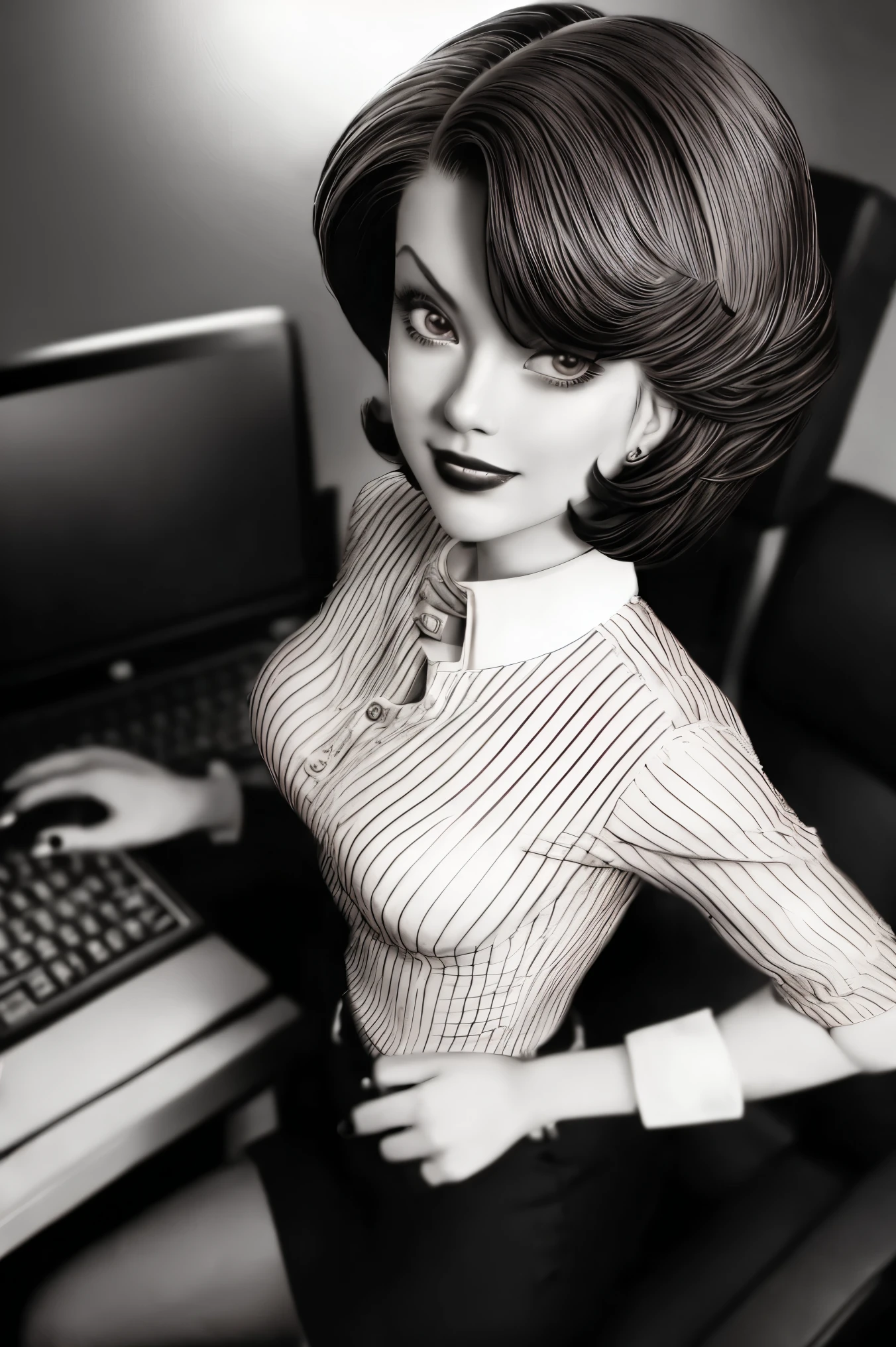   bob haircut, makeup, red tone nails,  ((masterpiece, Ultra delicate, perfect face, 16K,  ))   tight office clothing,   seductive pose ,  tight office trousers, Vestido de uniforme,  Kaolinite Red, Tight office shirt strapless, Pimp  ,  purple-eyed,  beautiful smile, realistic textures, tacones altos,
