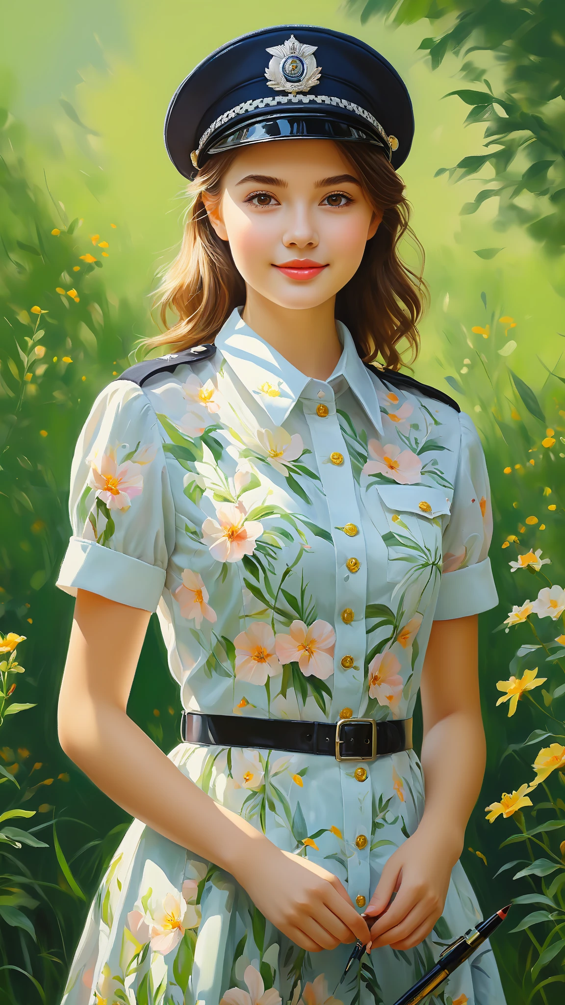 Youthful Cute Girl,Beautiful Face,A faint smile,Gentle Cute Expression,Sophisticated Five Officers,Wearing Light Floral Dress,Exquisite 4K HD quality,Sunny day,Warm and Soft Light Shine,against a natural green background,Exquisite realistic oil painting style,Professional Still Life Writing,hightquality,Extreme Detail,True Color,Light Exquisite,Natural rendering,Pastel tones,Warm and Bright