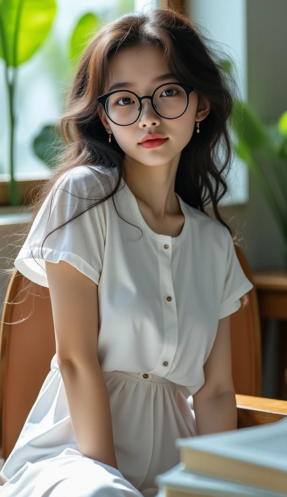 Delicate women,Wearing black-framed glasses,The expression is gentle and natural,Long hair scattered over the shoulders,Wearing a white shirt,High quality portrait sitting in front of a wooden desk,A few books on the desk,green vegetation can be seen outside the window,The interior light is bright and gentle,4k高清,Highly realistic,professional portrait photography,in natural light