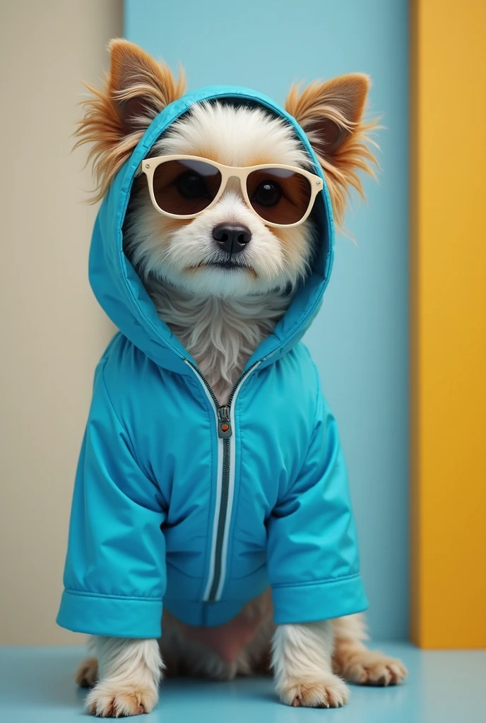 best mobile wallpaper,award - winning wallpaper,Photo photography,Front view of a cute dog,Dressed in mid-1960s space-age fashion,Side view photo,shot with Canon EOS R5,Set a strong contrast to make the subject stand out,Fluorescent blue,Wearing a very modern coat and sunglasses,It's a modern 1960s style,All clothes are one color,beatiful background