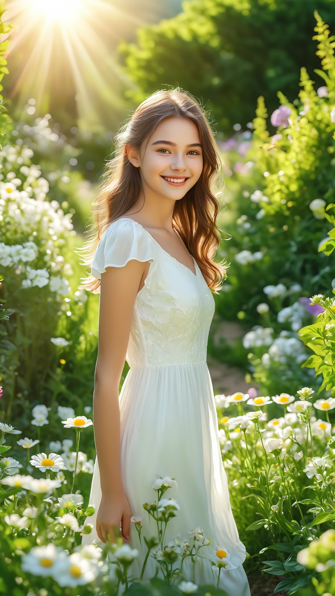 Delicate young girl,Beautiful face,Lovely smile,Wearing a white dress,standing in a green garden,The sun shines on her,surrounded by bright and bright flowers,forming a warm and natural idyllic landscape,HD,in 8K,Professional level,photorealestic,Highly detailed,vividly realistic,Professional photographer's work,Soft colors ,Warm atmosphere。