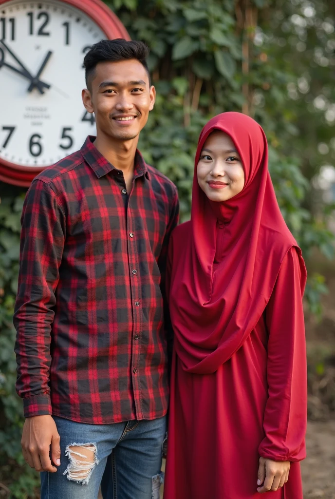 very high quality photo, an independence scene, a woman wearing a hijab from Indonesia is with a man wearing glasses wearing a red and white t-shirt carrying a flag posing on the side of a city street, full body, realistic, cool visual effects, looks real and perfect, UHD 64K, very sweet
