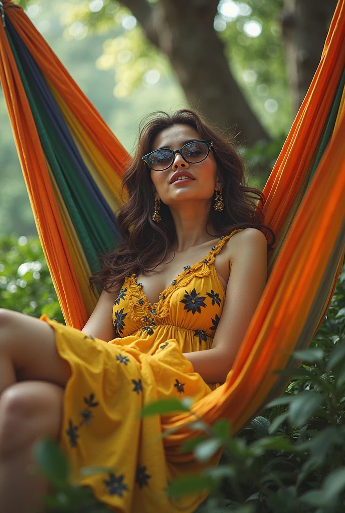 Take photos of me sitting in a chair in a thoughtful position, inside a tree house, com roupa social, red shirt and black leggings wearing round sunglasses, these photos close up of the body highlighting the breasts