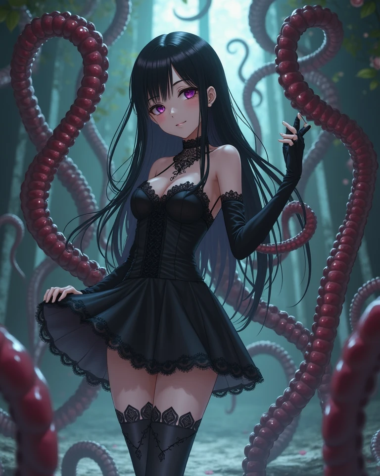 1girl, solo, Abigail Williams+Ninomae Inanis, young woman, black hair, long hair, hairbow, medium breasts, purple tentacles, showy purple dress, threaded dress, partially naked, gorgeous girl, slim figure, black legwear