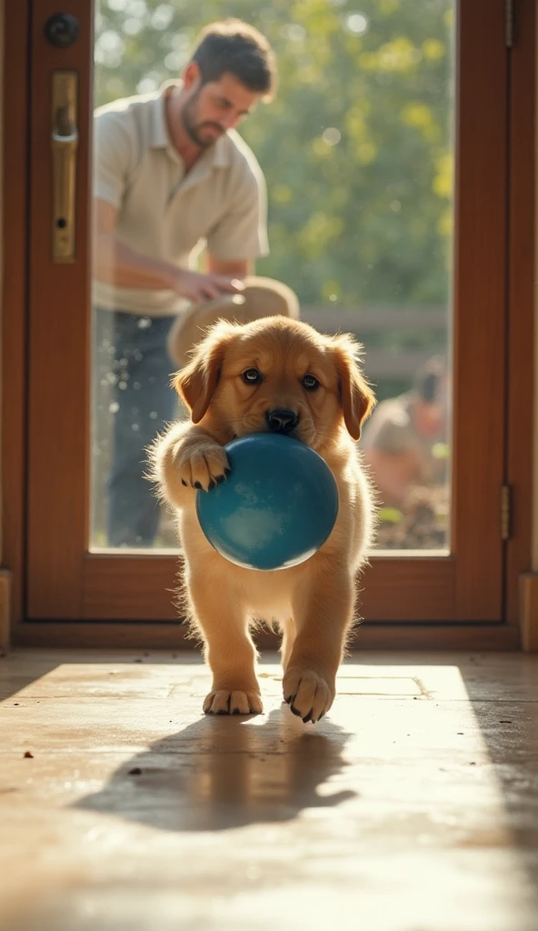 Golden Retriever Puppy。Deform your face with a fisheye effect。 Cute expression。 Angle from the same perspective as the animals。The background is also realistic。Intricate details。8k。