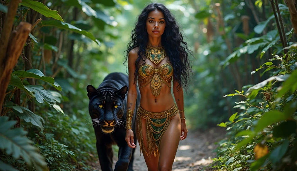 araffe posing with a black leopard in a jungle with palm trees, queen of the jungle, national geographic photoshoot, gorgeous jungle Tarzan woman, amazon queen, dolce & gabbana campaign, jaguar, jungle, brazilan supermodel, on jungle night !!!, in a jungle environment, in the jungle, amazonian, 4k still, beautiful, in a jungle, 3 0 years busty woman