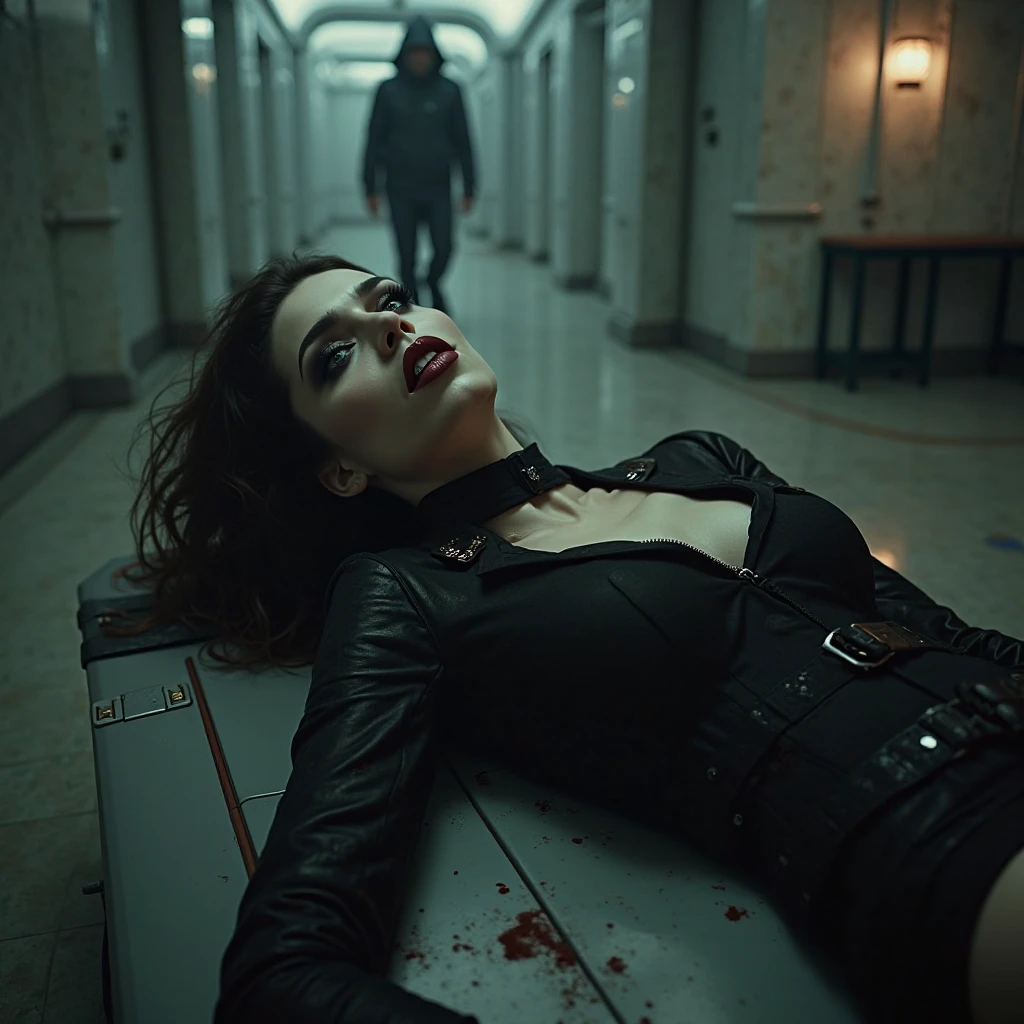 Realistic, A very beautiful executioner superheroine girl knife, cut throat A boy joker blindfold neck bloody splashed, full body, wide open throat, throat contents
