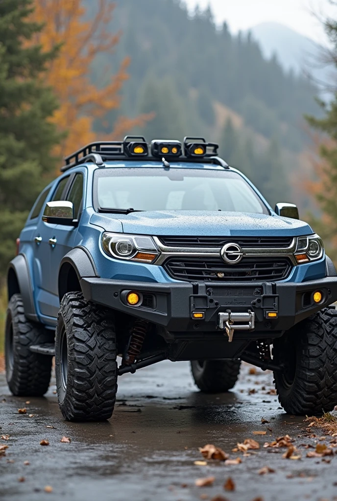 an opel blazer brand suv car, matte blue, has 4 doors, with large rims using off-road tires, chrome front grill and two box-shaped city lights, front bumper made of iron and black with small yellow fog lights