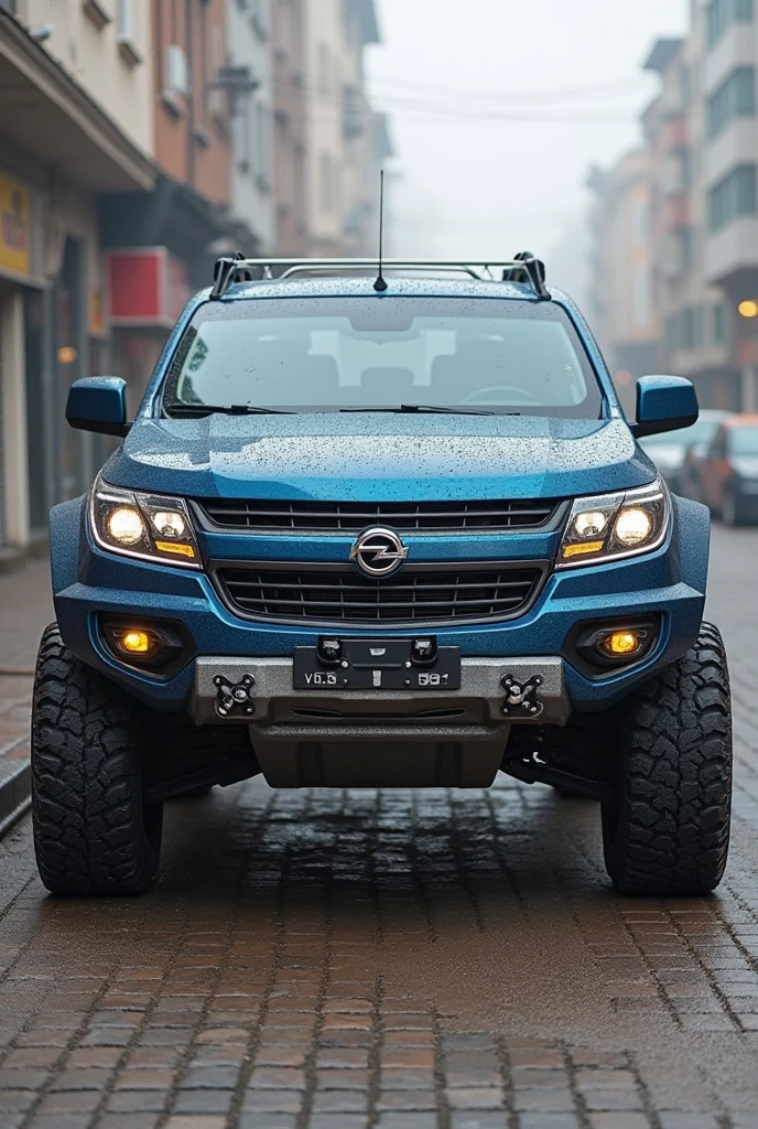 an opel blazer brand suv car, matte blue, has 4 doors, with large rims using off-road tires, chrome front grill and two box-shaped city lights, front bumper made of iron and black with small yellow fog lights