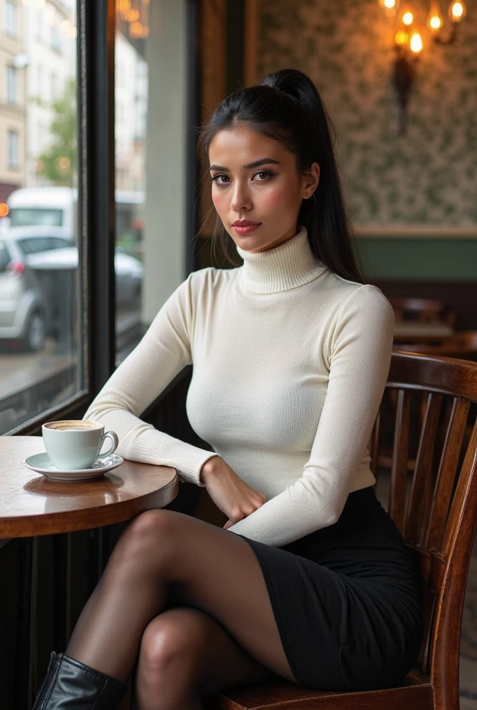 ultra realistic, photography, long black straight hair in a ponytail, (30 years old, hazel eyes, hourglass figure, perfect fit body, slightly tanned skin, natural big breasts), Long eye lashes, seductive eyes, Award Winning Glamour Photograph extremely detailed award winning glamour photograph, front lit, HDR, she is a vixen in a white turtleneck sweater, she wears a black skirt and black tights underneath, she wears high heel boots, she radiates confidence, she is sitting in a cafe, theres a cup of coffee on her table, she has her legs crossed, she has long legs, she has sexy legs