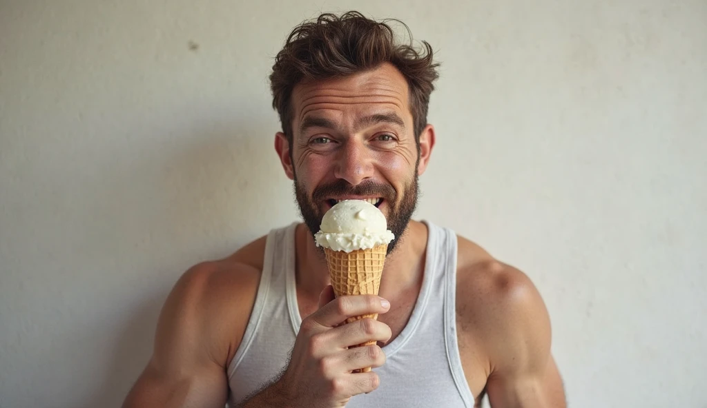 (photorealism:1.2), handsome man, , happy, eating ice cream, in house, upper part naked, wearing long pant, wearing spectacular, ear ring
