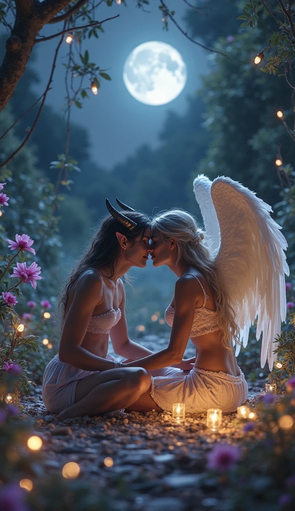 (RAW photo:1.2), (realistic), beautiful detailed girl, highly detailed eyes and face, thin and beautiful eyes, huge file size, High resolution, very detailed, highest quality, [table top:1.6], shape, very detailed, small details, highest quality, 8k wallpaper, movie lighting, 15 year old adorable female angel and female demon, angel and devil in love relationship, Hugging each other in underwear, to kiss, angel wearing white bra,  angel wearing white panties, devil wearing a white bra, devil wearing white panties,  Because I&#39;m slender, young face, small breasts, exposed underwear, angel wings, devil&#39;s wings, Between the worlds of angels and demons, Female angel and devil kissing each other, A view of the world of angels and demons, Mysterious world, 