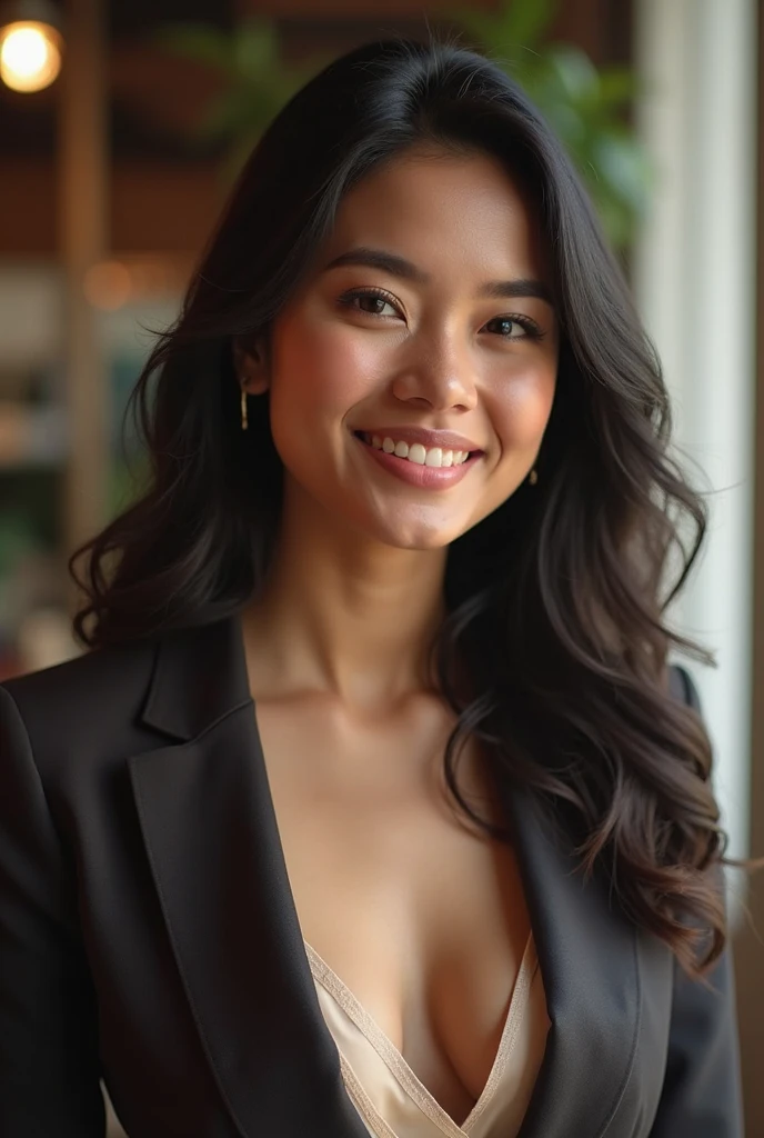 Photography of Agnes Mo and Indonesian singer, Indonesian girl, 1, (masterpiece), Javanese skin tone, best quality, expressive eyes, perfect face, (ultra realistic), (blue Formal Suit), Smile, Long Black Hair, innocent face, natural wavy hair, brown eyes, High resolution, masterpiece, Best quality, intricate high detail, highly detailed, focus sharp focus, detailed skin, realistic skin texture, texture, detailed eyes, professional, 4K, charming smile, filmed on Canon, 85 mm, shallow depth of field, Kodak Vision Color, perfect fit body, Extremely detailed, photograph_\(ultra\ ), photoreallistic, Realstic, Post-processing, Maximum details, roughness, real life, ultra realist, photorealism, photography, 8K UHD, photography