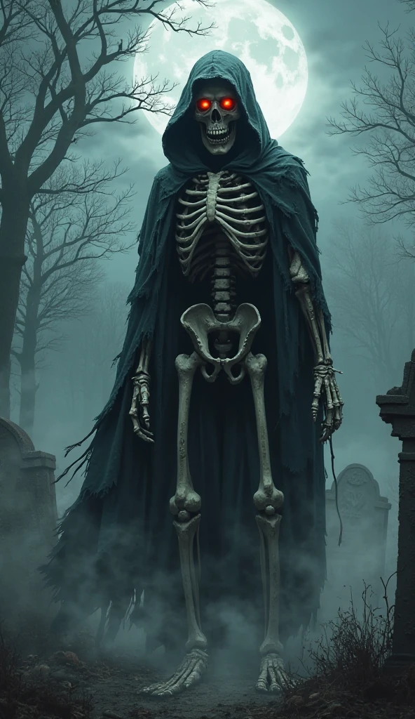 Man in black cloak living in cemetery, He is tall , your body is half skeleton and the other parts are rotten flesh, your long fingers look like claws , long horns