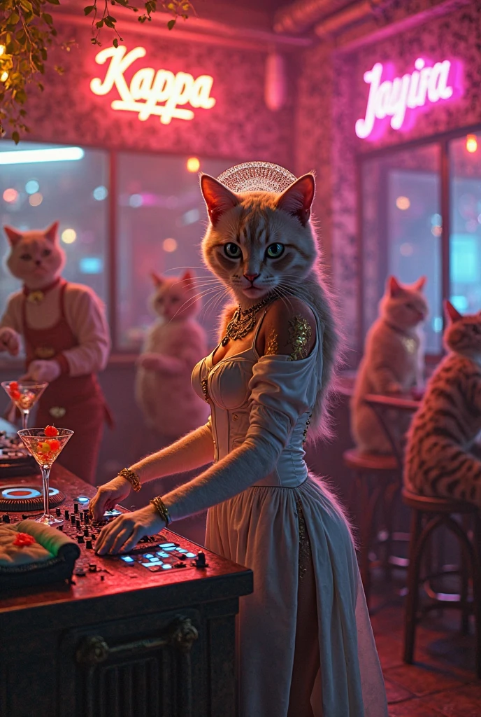 Woman 25 years old, short curly blue hair, green eyes, White skin, orange latex corset, huge breasts, huge buttocks, with fox ears and tail in bar with red neon lights dancing for man with wolf mask with aviator glasses with Adidas sportswear, There are alcoholic beverages, Jack Daniels