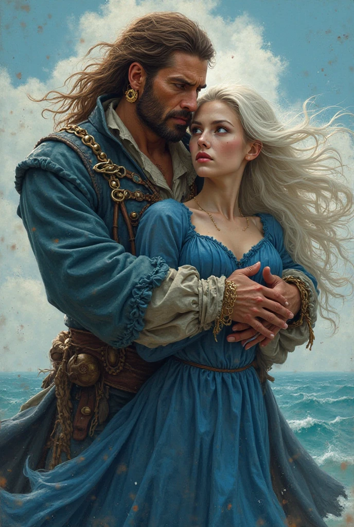 Generate image oil painting of a couple man with padlock a pirate on the bow on a pirate boat with his lover wife holding hands looking ahead full sail looking at each other central shot of the couple middle age gray-haired man woman between blonde and with rays not so young mature but pretty