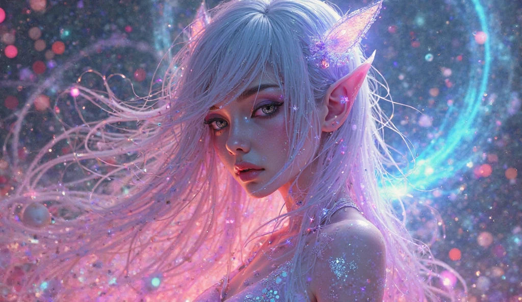 photo, style synthwave a elf woman by agnes cecile, luminous design, pastel colours, ink drips, autumn lights,blue eyes,normal ears,big boobs ,upper body,pink dress