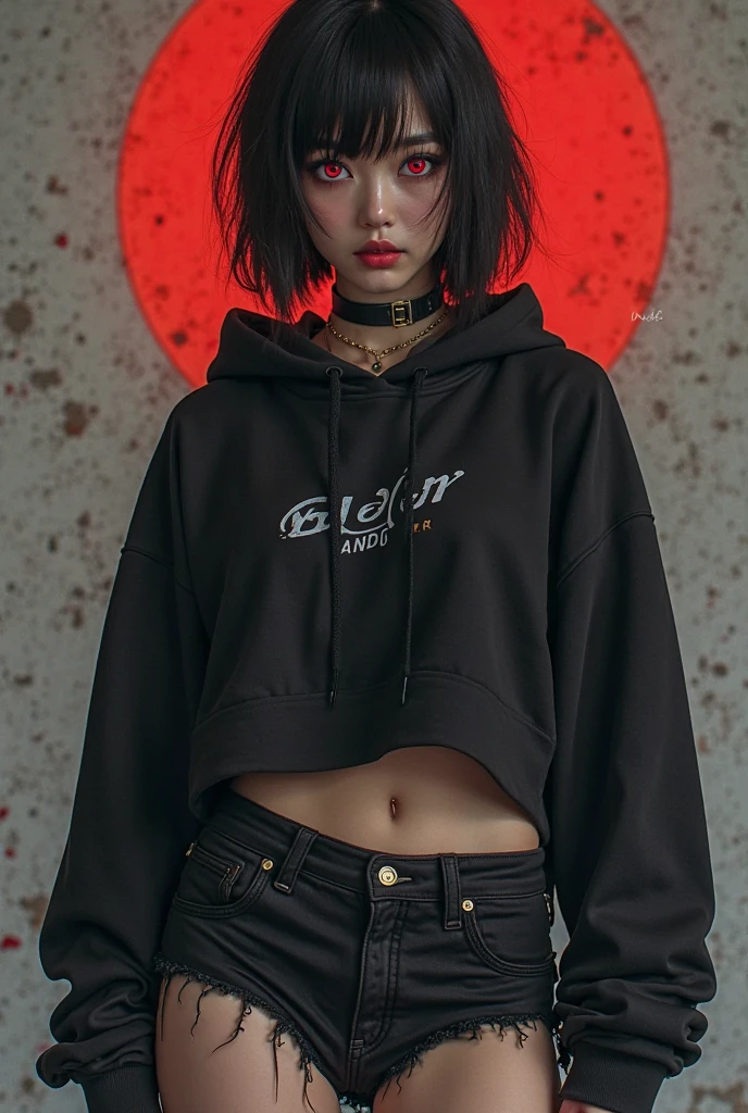 👭, 2korean girl, pale_skin, random color hair, double ponytails, (black smoky eyes:1.3), black eyes liner, black lips, punk rock girl, random tattoo, oversized orange shirt, bottomless, random basic pose, against random epic background, cinematic lightning, cinematic scene,