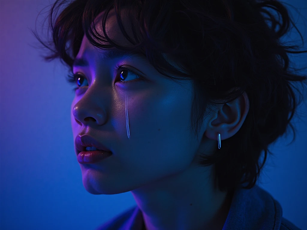 A person with an expression of sadness and frustration, with a tear ...