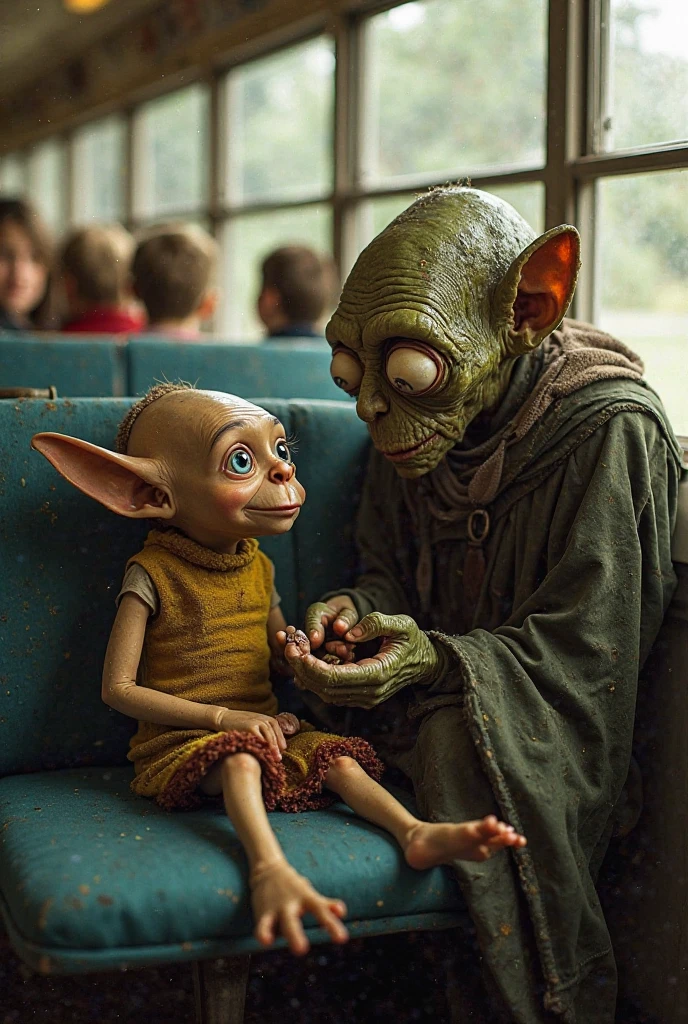 Gollum from the lord of the rings and dobby from Harry Potter as a classmates in a schoolbuss