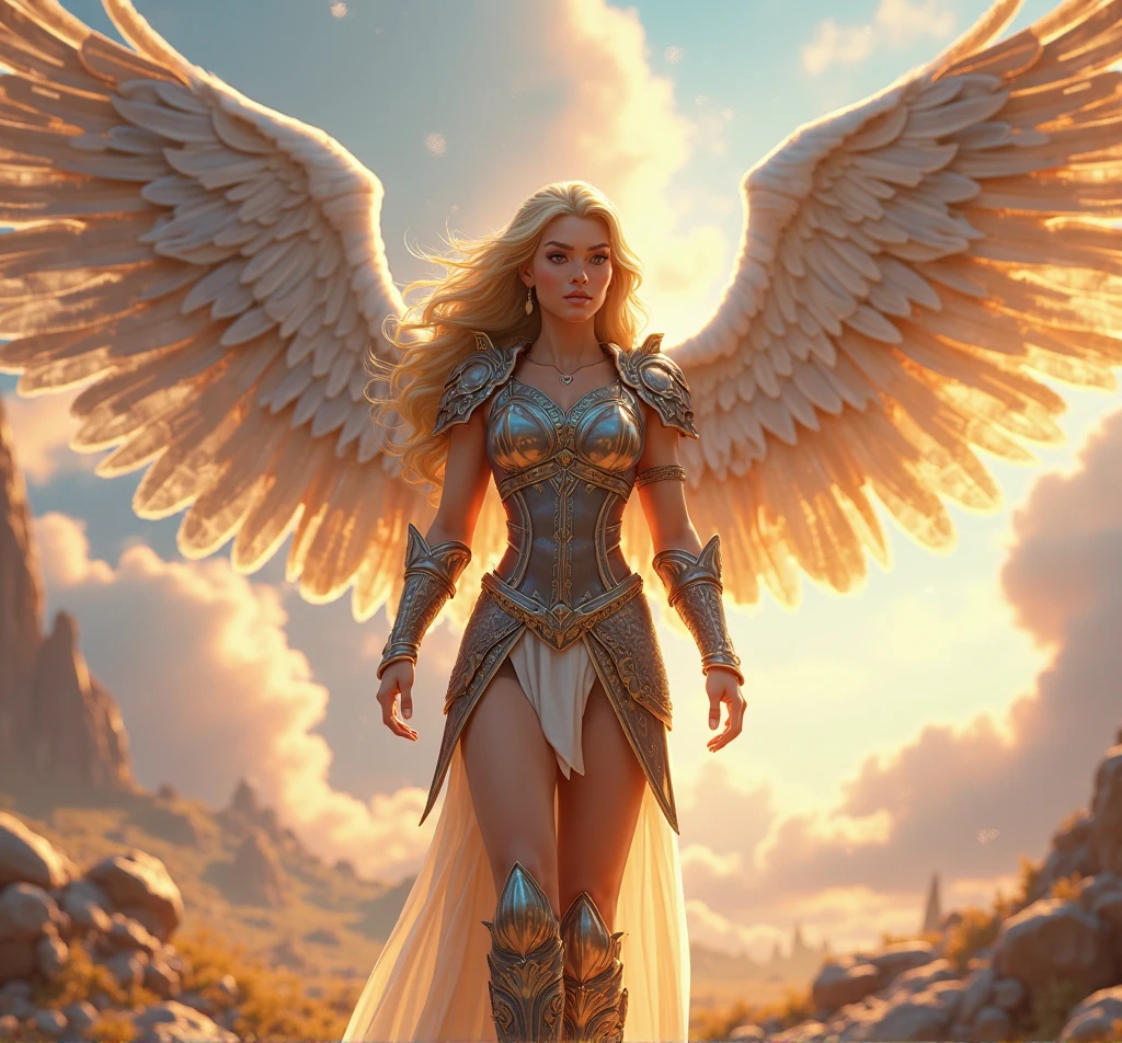 There is a woman flying in the sky with a great angel, Renderizado del motor irreal + una diosa, as a mystical valkyrie, Unreal Engine Fantasy Art, super wide angel, epic angel wings, Estilo Fantasy 8 K Octano Render, por Yang J, Stuning Fantasy 3D render, humano alado, full - body majestic angel, Artgerm ; Motor 3D Unreal