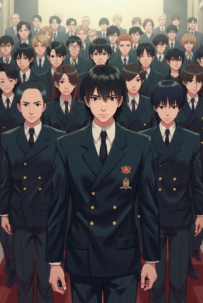 (A handsome man escorted by two military men:1.2）, blue eyes, wearing a military uniform, indoor, (court background , very detailed), (court weight:1.2), black hair, short hair, anime style, quality masterpiece.