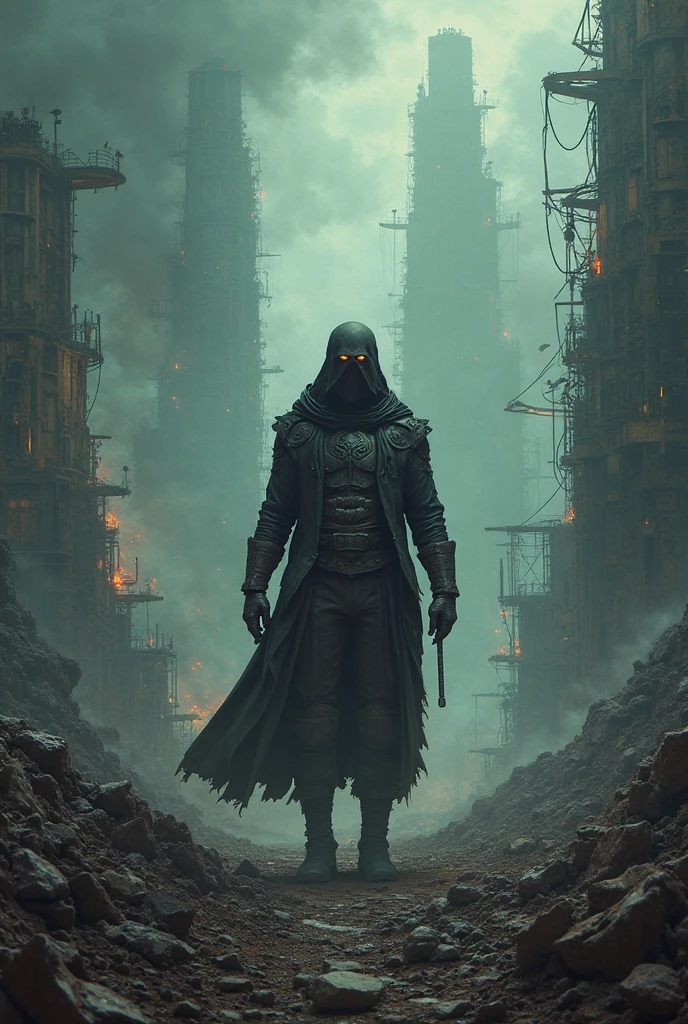 A skeleton wearing a military uniform, standing in a ruined town. The scene is shrouded in mist, creating a faint and eerie atmosphere.