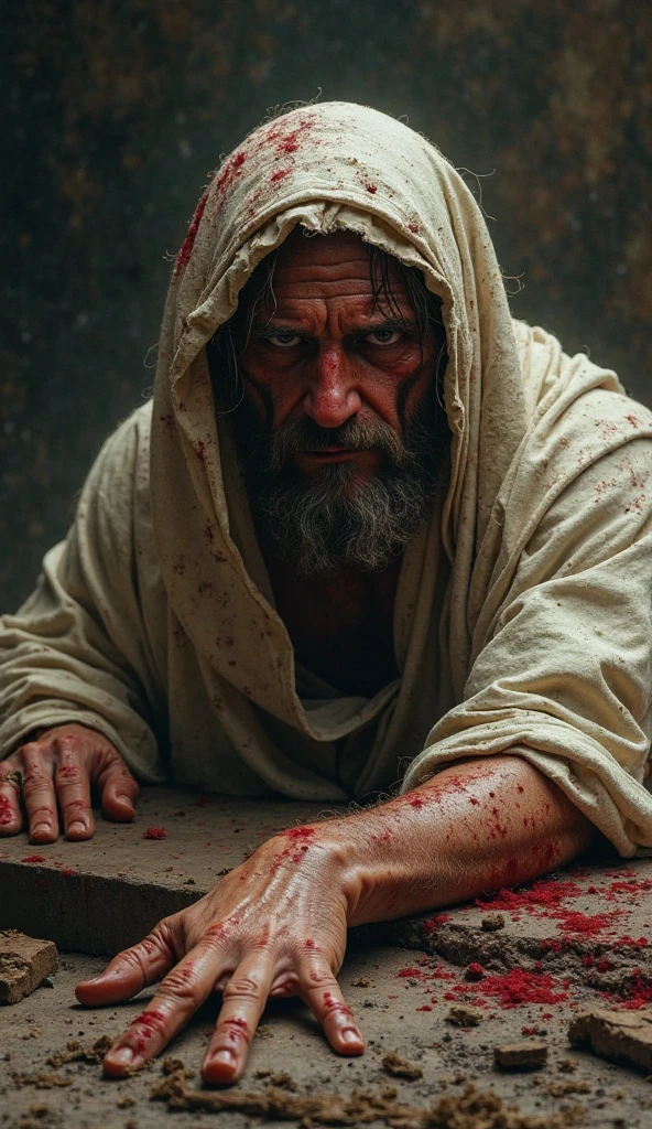 portrait drawn on paper of a medieval merchant after surviving a fire, dressed in threadbare clothes with burns on his face and blood on his arms, sitting by the roadside, sad and tired, dark grim tone