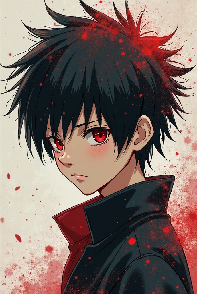 Black haired anime boy with red streaks in his hair with red marks on the left side of his face,red eyes and with a red gogeta jacket