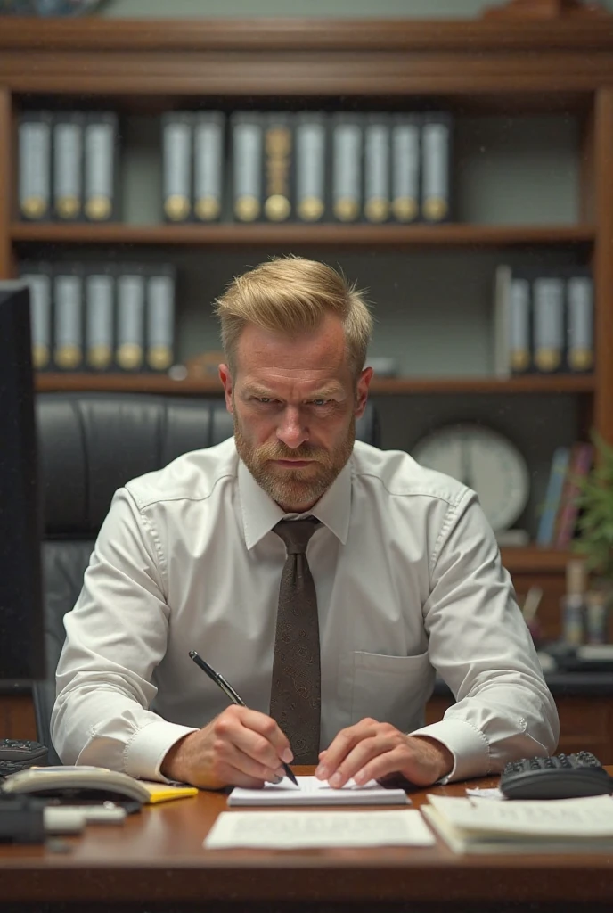 man,with a beard, blond hair,sitting in a bank working,serious face