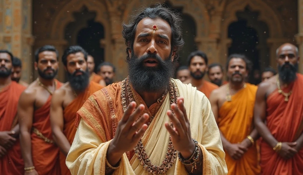 Generate a 50 years old man whose face is square, black thick beard, black thick mustache, hair is thick streight black and covered his chest with a white dhoti. He watching to the poor people who are crying