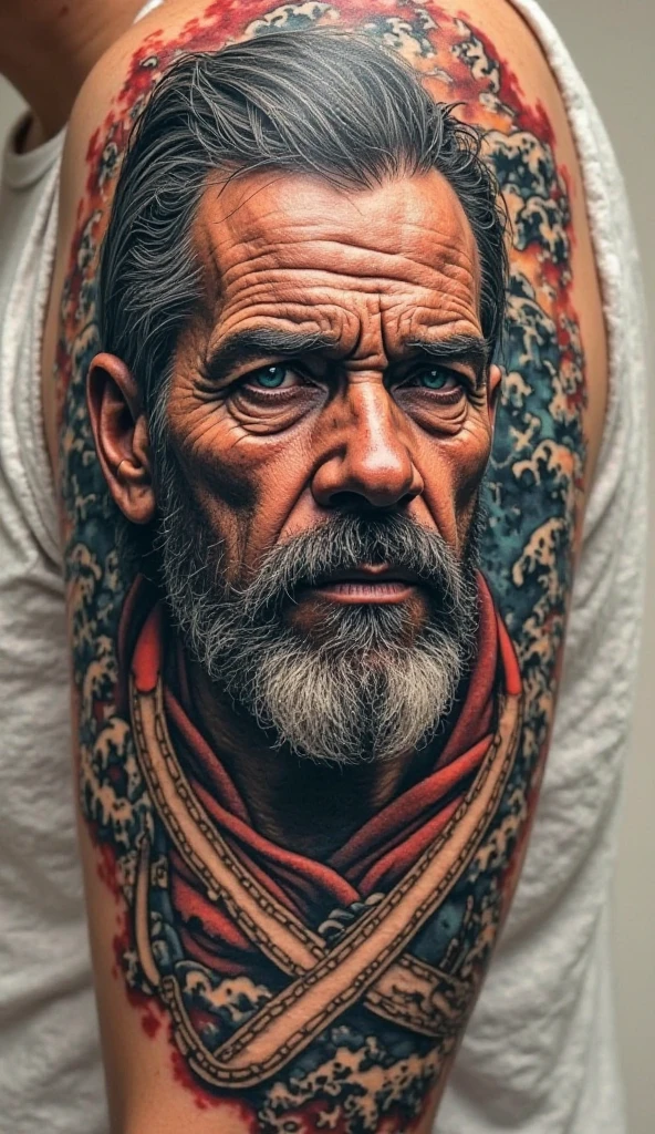 HQ image of a carpenter wearing a dirty white tank top, a blue cap, a tattoo of a woman resembling Amy Winehouse on his right arm, your stubble, a serious face with an average age of 40 years