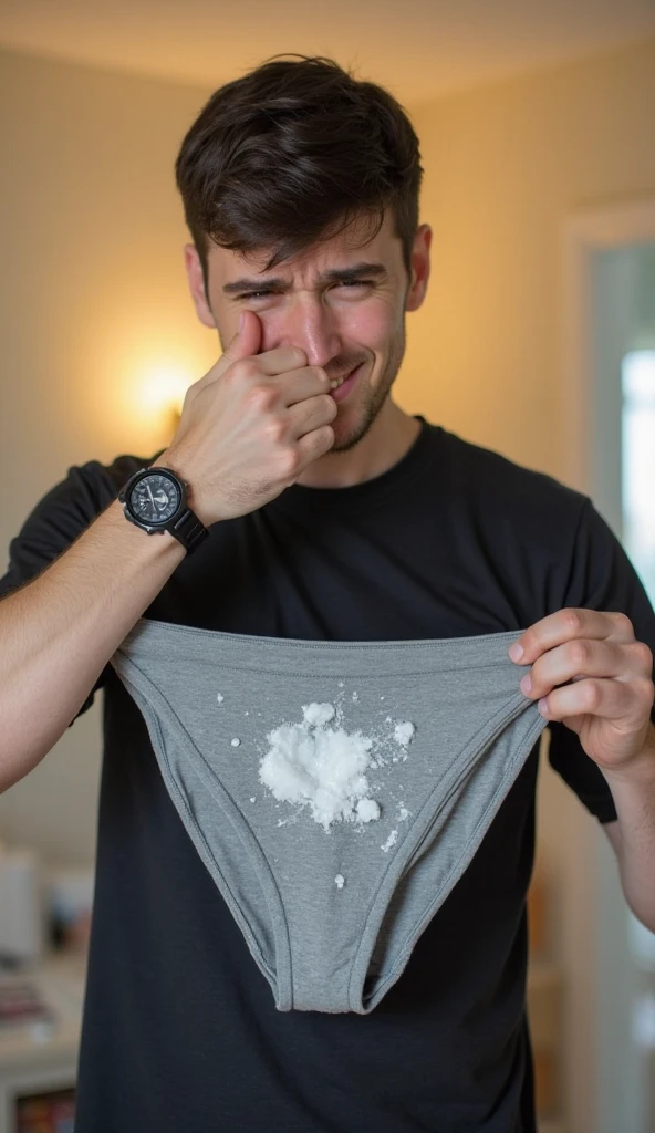 Picture a guy masturbating on a bed in short underwear that&#39;s slightly open to reveal pubic hair and a squirt of cum all over his body 