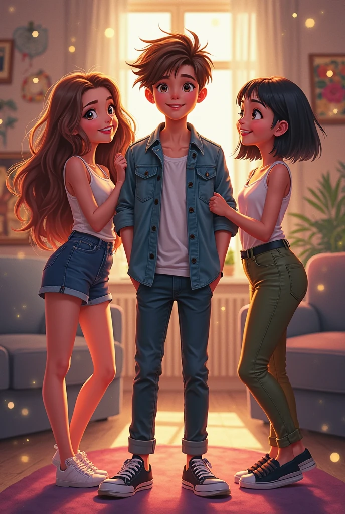 One cute guy and two weird girls in cartoon style being friends 
