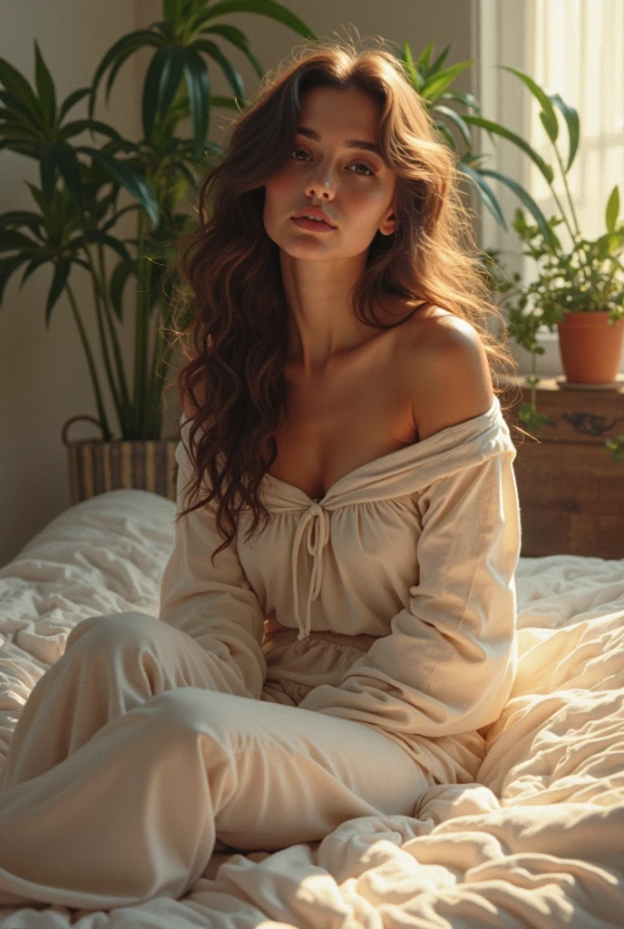 (photorealism:1.2), beautiful woman, sitting on bed, wearing loose off-shoulder top, pajama pants, long curly hair, indoors, soft lighting, plants in background, window with sunlight, cozy room, relaxed pose, realistic, intricate details, warm colors, by Greg Rutkowski, by Alphonse Mucha