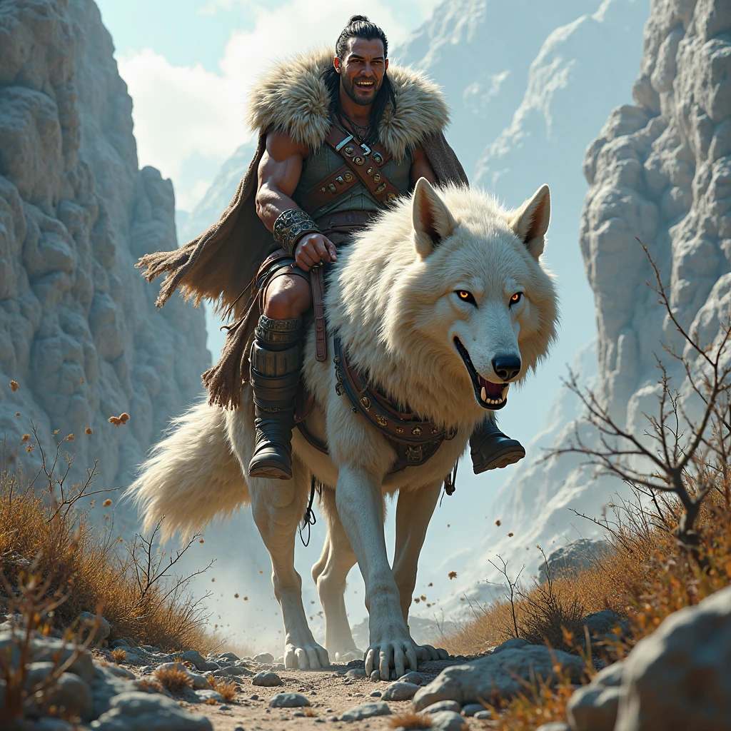 Creates an image of a person riding a 2m dog with a woman fighting for her child