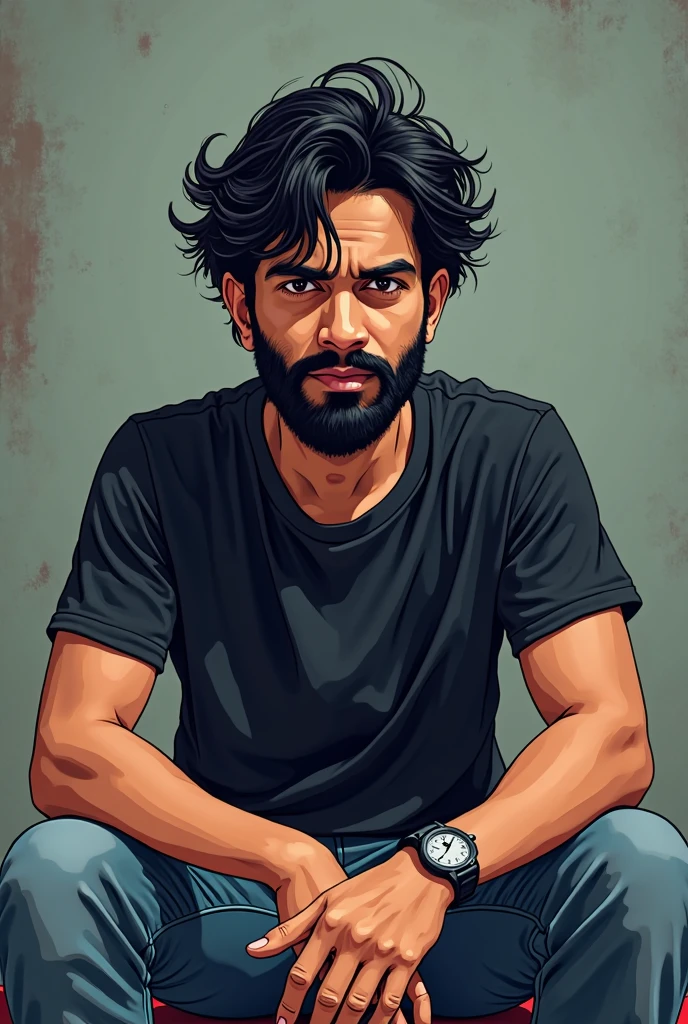 A indian man with black t-shirt, unruly hair cover forehead, apathetic face, shaggy beard, a casual watch on left hand, sitting man, cartoon 