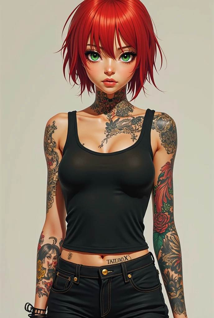 score_9, score_8_up, score_7_up, score_6_up, score_5_up, score_4_up, (masterpiece, best quality, high quality, highres, ultra-detailed), 1girl, portrait, green eyes, ponytail, ginger hair, freckles, facing viewer, eyeliner, black tank top, t4ts, tattoos, tattoo, ExpressiveH, beige background,