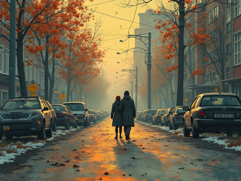a painting: two people walking down the street , holding hands, artwork in the style of guweiz, Rob Rey and Kentaro Miura Style, based on Raymond Leach, 4k digital painting, 4k digital painting, 4 k digital painting, Cover of the novel for the book, Wandering around the city, 8k digital painting, on a city street