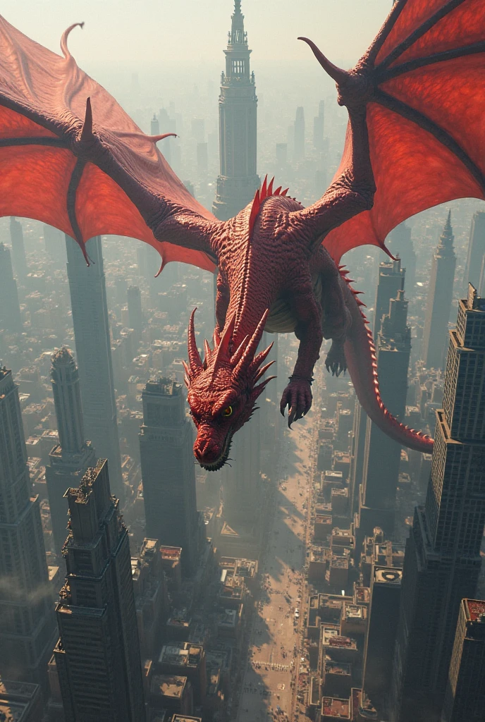Realistic photos, RAW Photos, red dragon, attacks viewer, Powerful movements, jump on prey, ((Dynamic jump)), Sharp Claws, red dragon approaching from above, sudden approach, Bad-tempered, dynamic Shot from grand