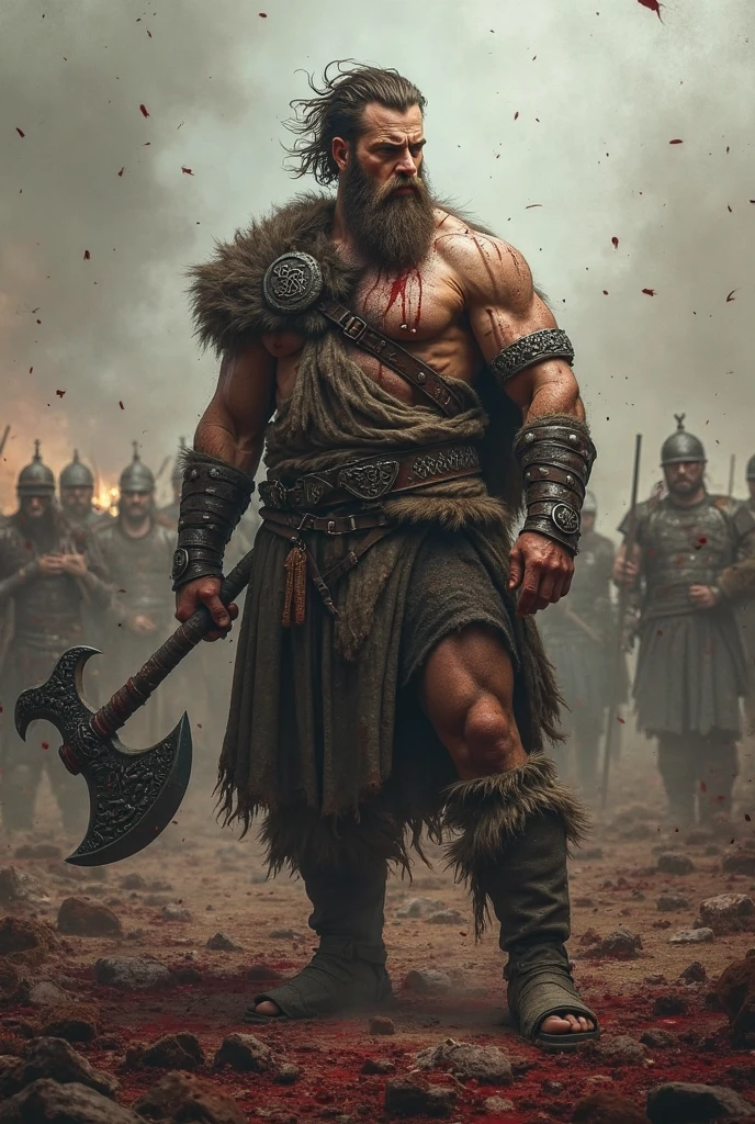 Muscular Viking Warrior, bearded, naked torso, wielding a bloody axe in one hand and the head of an enemy in the other. angry look, shouting victory, beard with blood