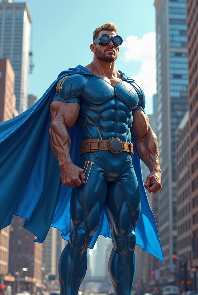 (muscular cute beautiful young boy ?????), huge strong biceps volume, huge chest muscles volume, exposed abs skin, tight leather blue trunks and cape, huge cock bulge, mountains background