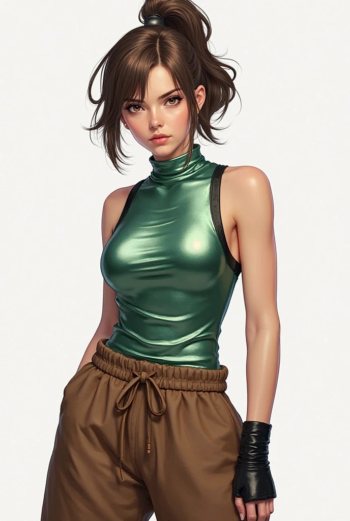 <lora:rogueXMenLora_v01:0.6> rogue (x-men), masterpiece, best quality, cowboy shot, 1girl, solo, short hair, sweater, choker, black pants, green sweater, bangs, see-through sweater, black tank top