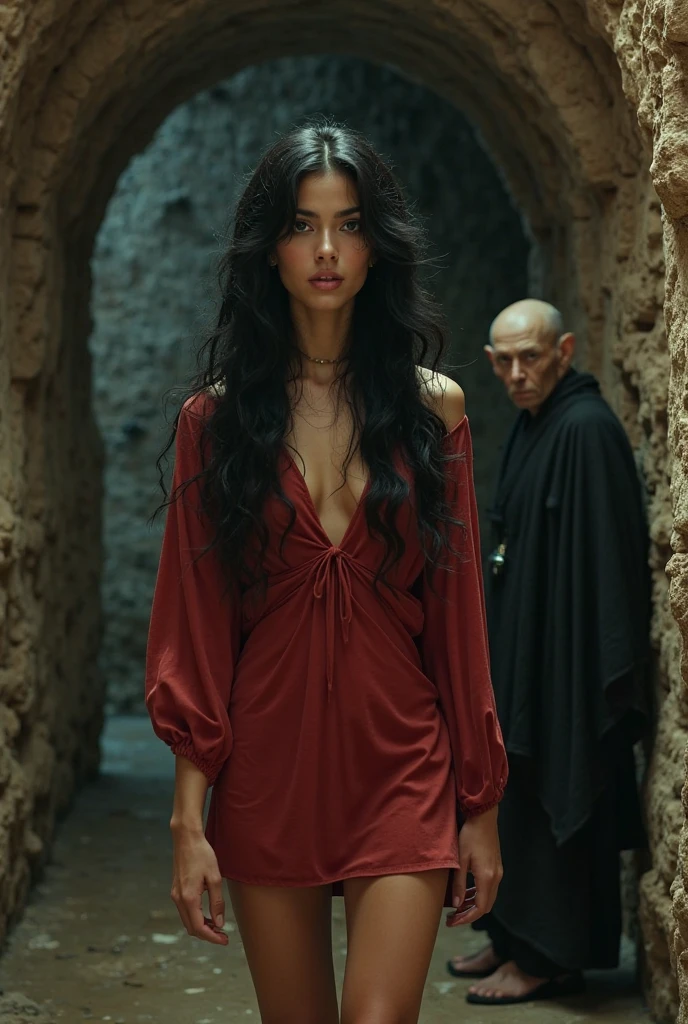 A Persian vampire woman with fair, pale skin and long, wavy black hair, her lips glistening with fresh blood. She wears an intricately embroidered, traditional Persian robe, stained with crimson. The setting is the ancient ruins of Persepolis, with grand columns and stone reliefs illuminated by a faint crescent moon. She stands among the ruins, having just fed, the night air filled with the echoes of history and the scent of blood.