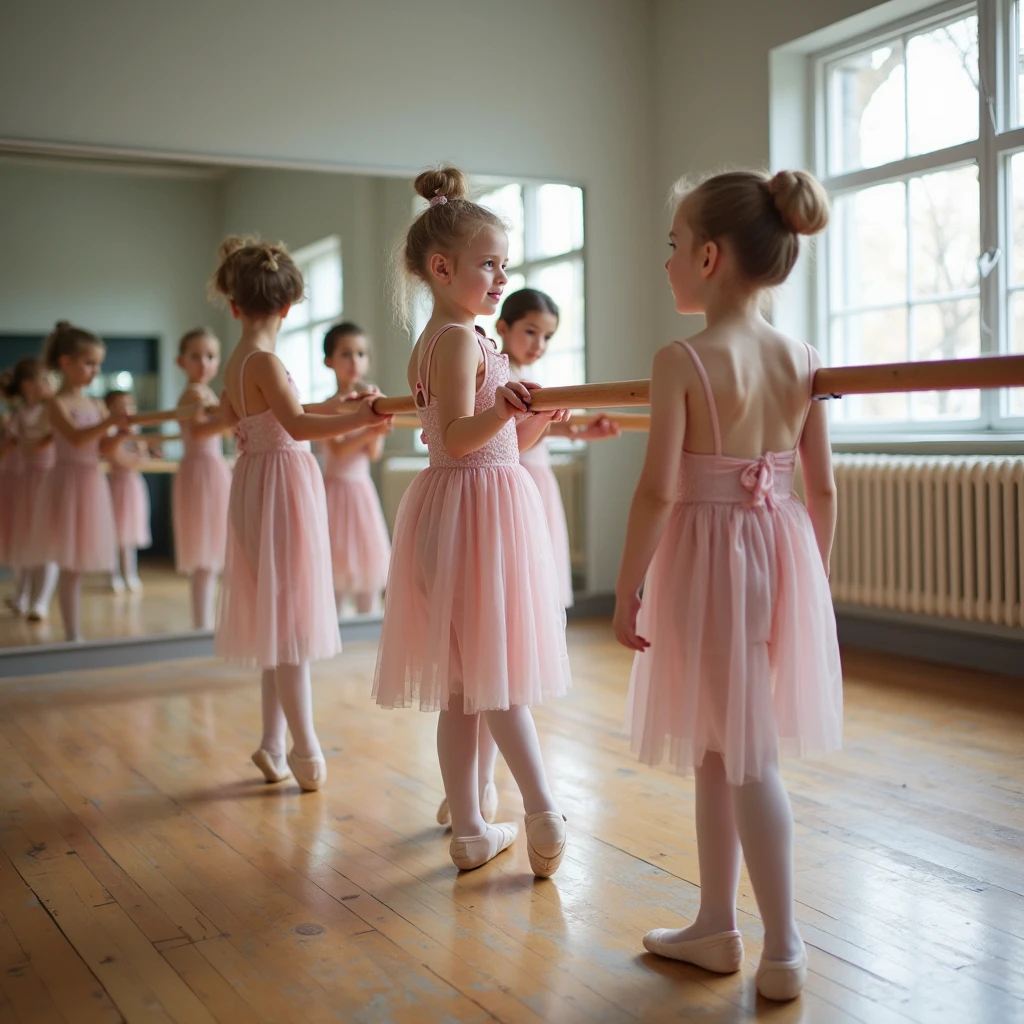 In a Wes Anderson ballet studio, a three 10-year-old girls in colorful tutus practice their posture